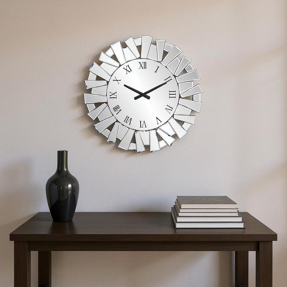 27" Silver Mirrored Glass Silent Analog Sunburst Wall Clock  Warm Home View