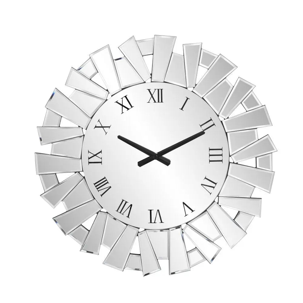 27" Silver Mirrored Glass Silent Analog Sunburst Wall Clock  Warm Home View