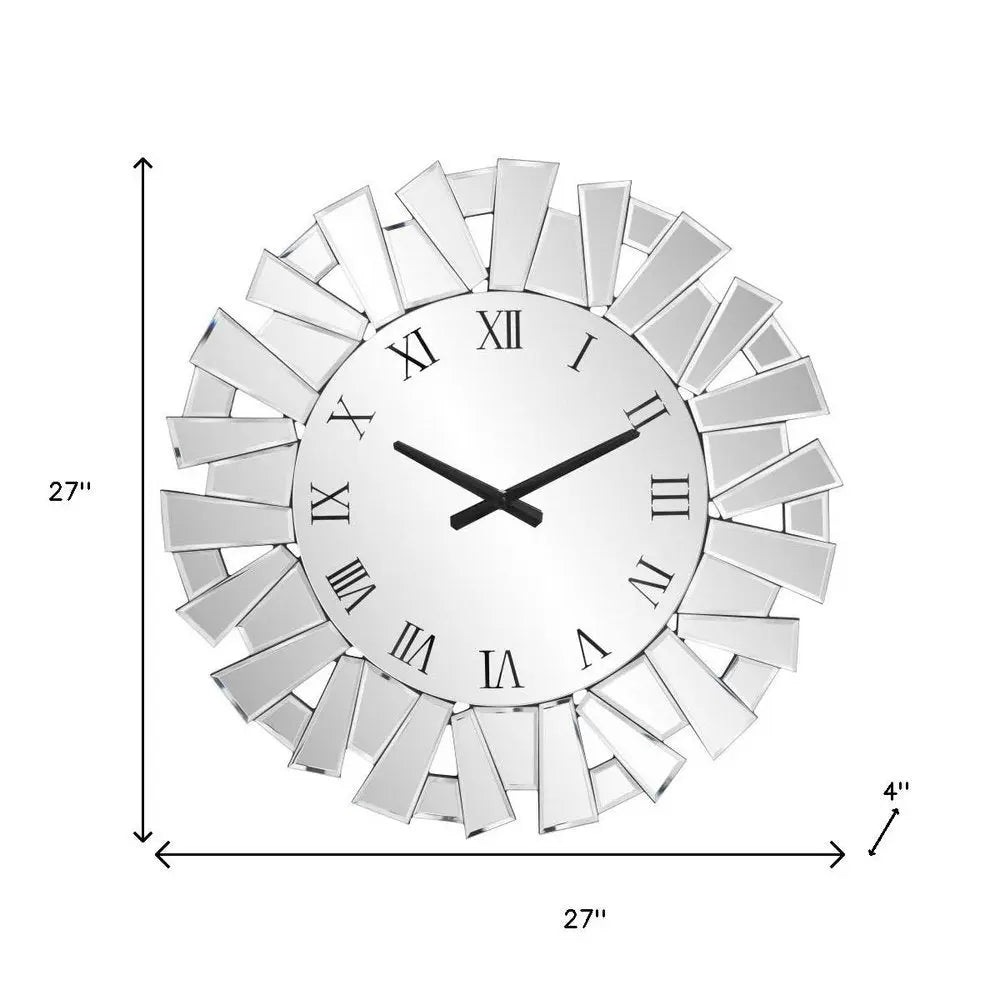 27" Silver Mirrored Glass Silent Analog Sunburst Wall Clock  Warm Home View