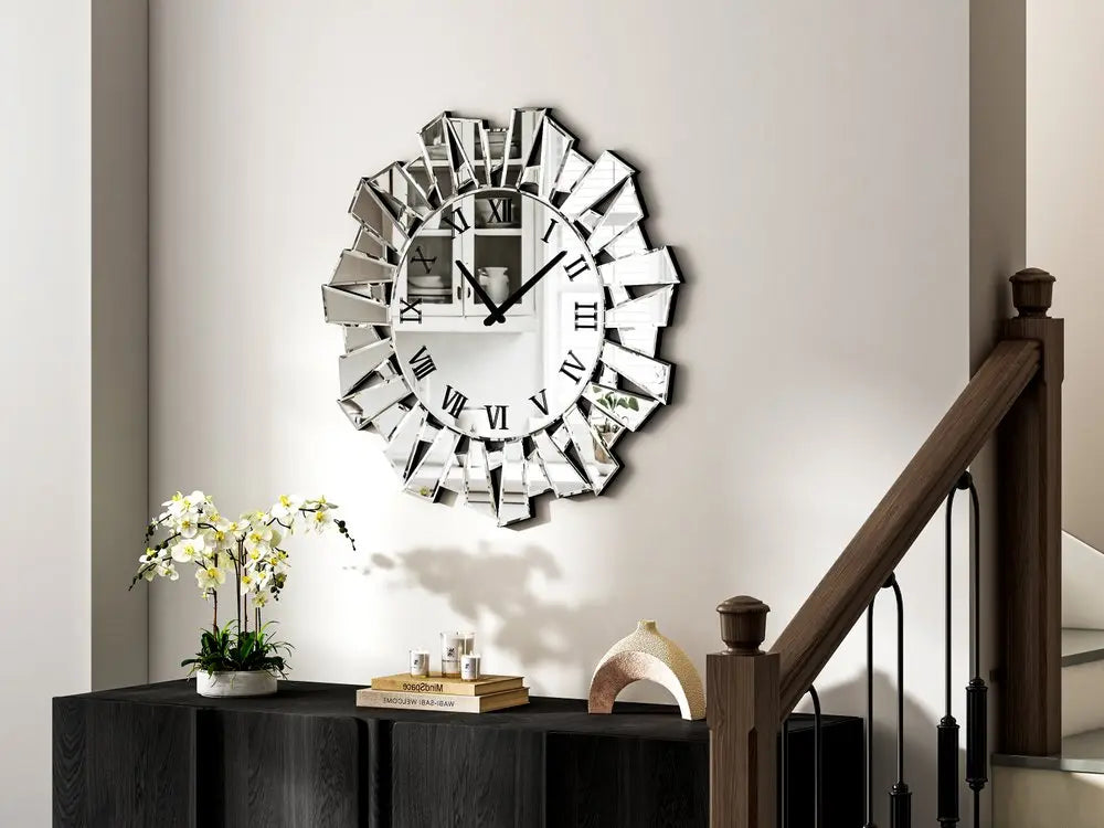 27" Silver Mirrored Glass Silent Analog Sunburst Wall Clock  Warm Home View