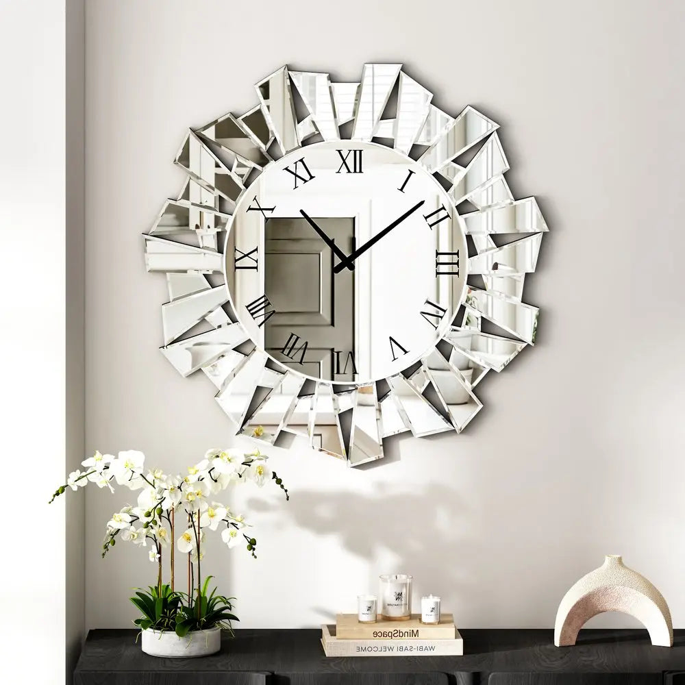 27" Silver Mirrored Glass Silent Analog Sunburst Wall Clock  Warm Home View