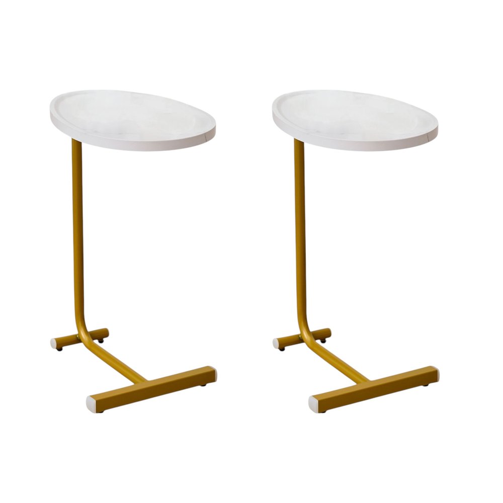 Set of Two White and Gold Faux Marble and Metal Oval End Tables  Warm Home View