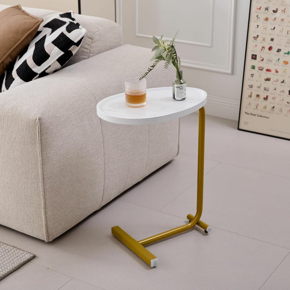 Set of Two White and Gold Faux Marble and Metal Oval End Tables  Warm Home View