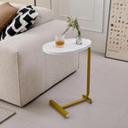 Set of Two White and Gold Faux Marble and Metal Oval End Tables  Warm Home View
