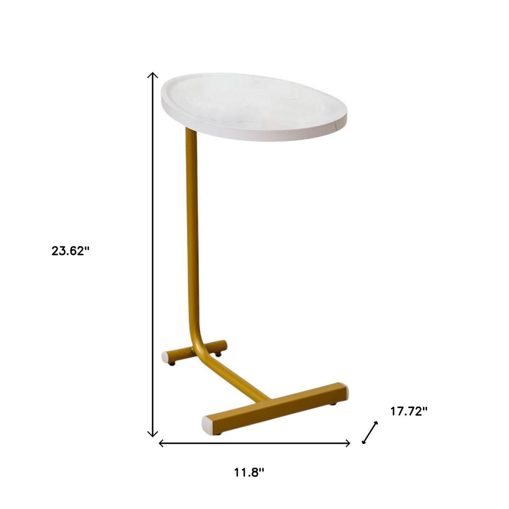 Set of Two White and Gold Faux Marble and Metal Oval End Tables  Warm Home View