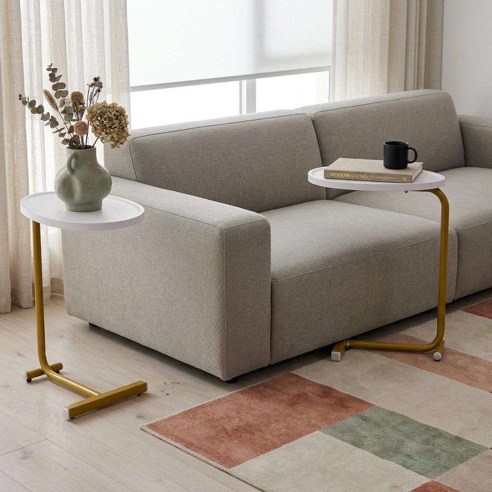 Set of Two White and Gold Faux Marble and Metal Oval End Tables  Warm Home View