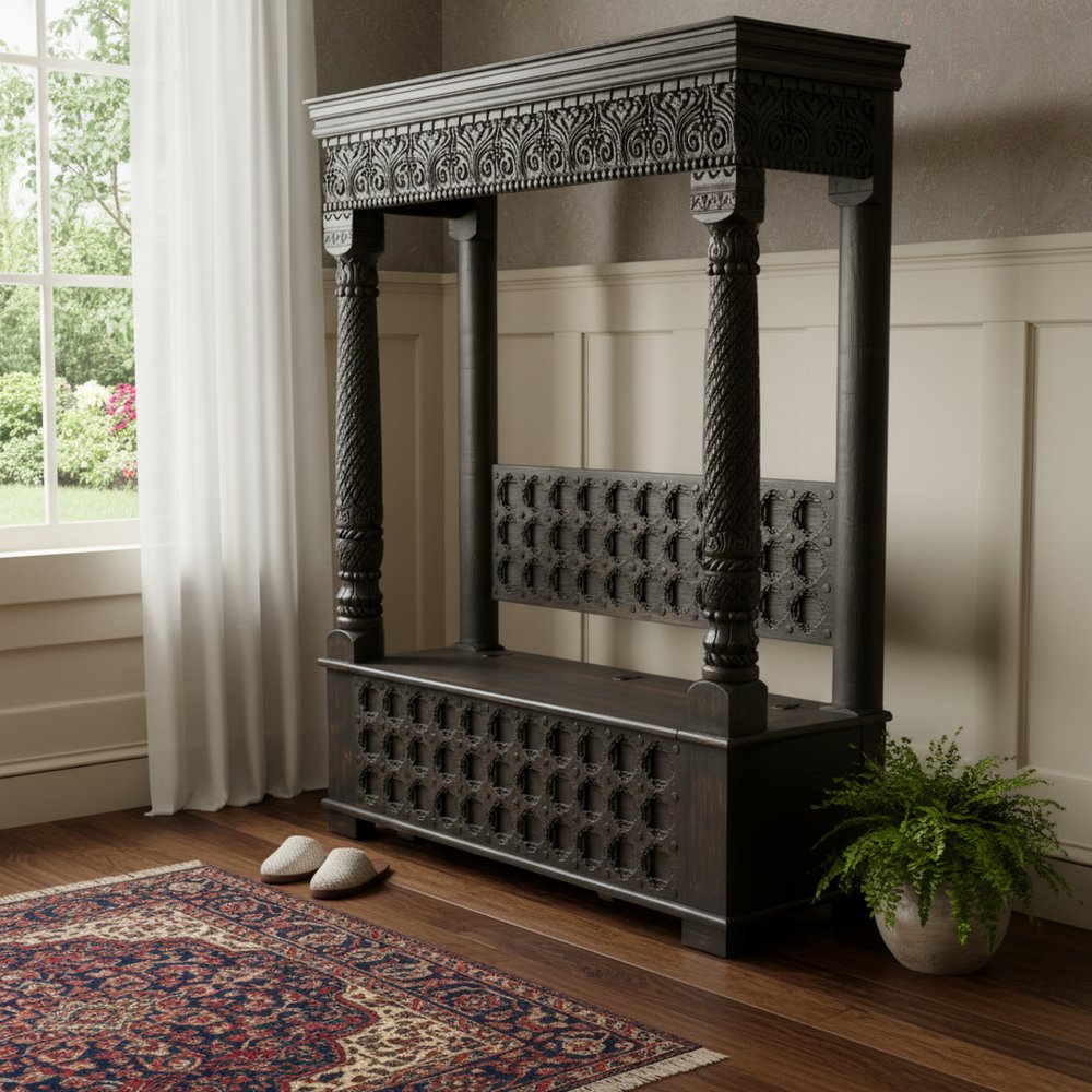 Black Floral Wood Storage Bench, Flip Top, 1-Piece  Warm Home View