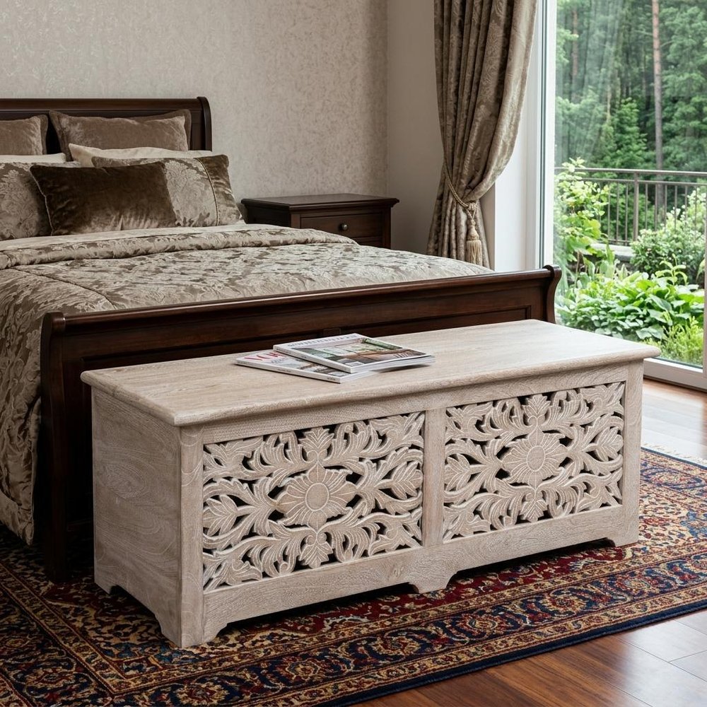 52" White Solid Wood Floral Ottoman With Storage  Warm Home View