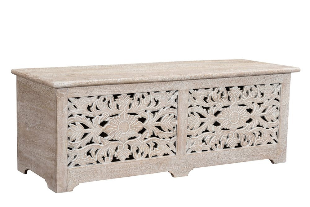 52" White Solid Wood Floral Ottoman With Storage  Warm Home View