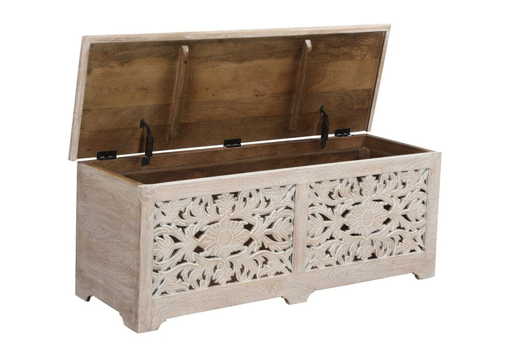 52" White Solid Wood Floral Ottoman With Storage  Warm Home View