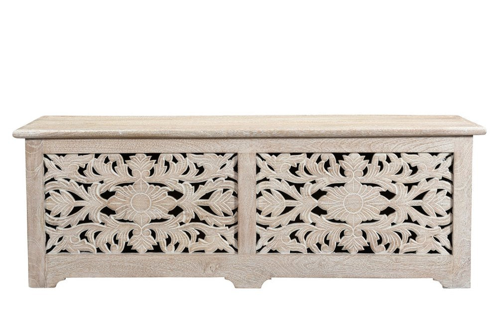 52" White Solid Wood Floral Ottoman With Storage  Warm Home View