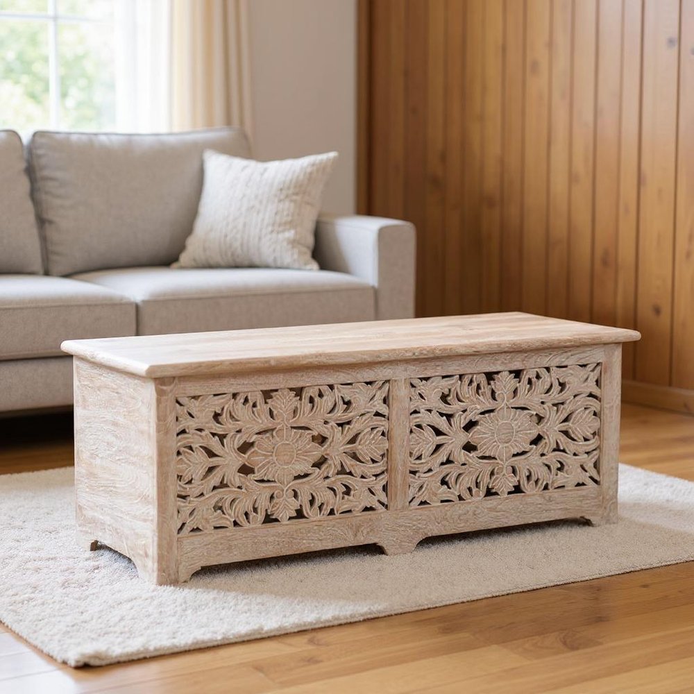52" White Solid Wood Floral Ottoman With Storage  Warm Home View