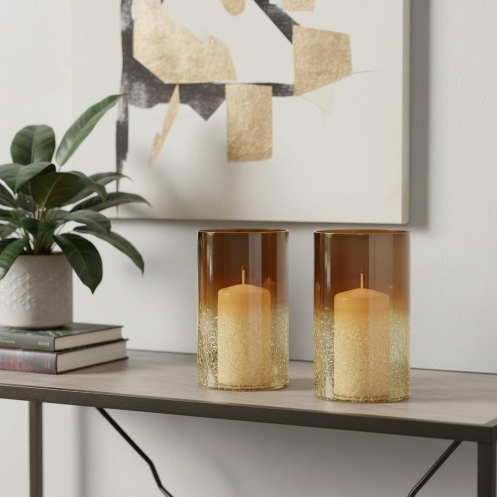 Set of Two Gold Glass Tabletop Pillar Candle Holders  Warm Home View
