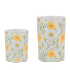 Set of Two Yellow And Green Floral Glass Tabletop Pillar Candle Holders  Warm Home View