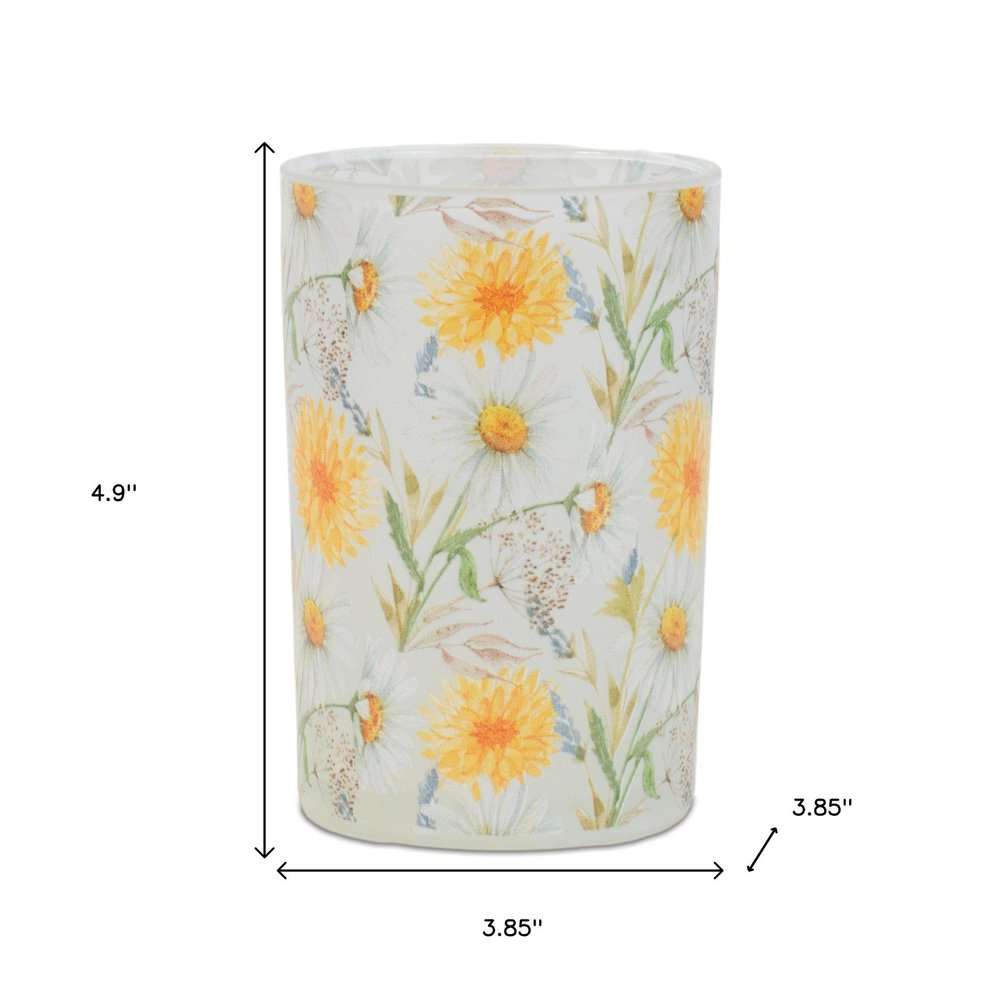Set of Two Yellow And Green Floral Glass Tabletop Pillar Candle Holders  Warm Home View