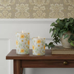 Set of Two Yellow And Green Floral Glass Tabletop Pillar Candle Holders  Warm Home View