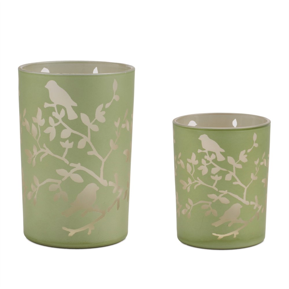 Set of Two Green Floral Glass Tabletop Pillar Candle Holders  Warm Home View
