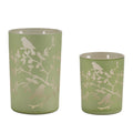 Set of Two Green Floral Glass Tabletop Pillar Candle Holders  Warm Home View