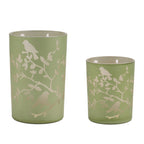 Set of Two Green Floral Glass Tabletop Pillar Candle Holders  Warm Home View