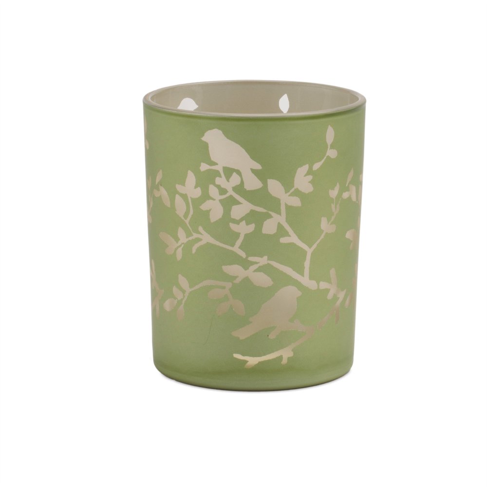 Set of Two Green Floral Glass Tabletop Pillar Candle Holders  Warm Home View