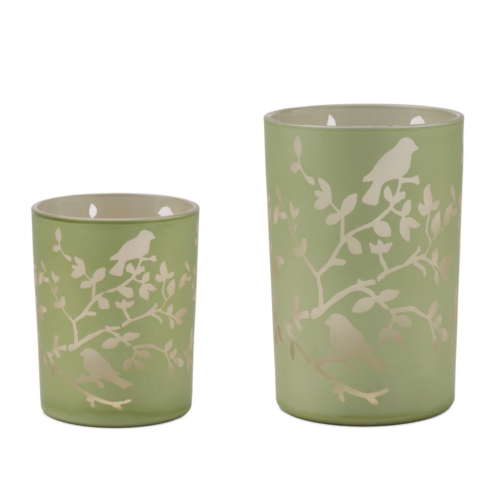 Set of Two Green Floral Glass Tabletop Pillar Candle Holders  Warm Home View