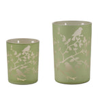 Set of Two Green Floral Glass Tabletop Pillar Candle Holders  Warm Home View