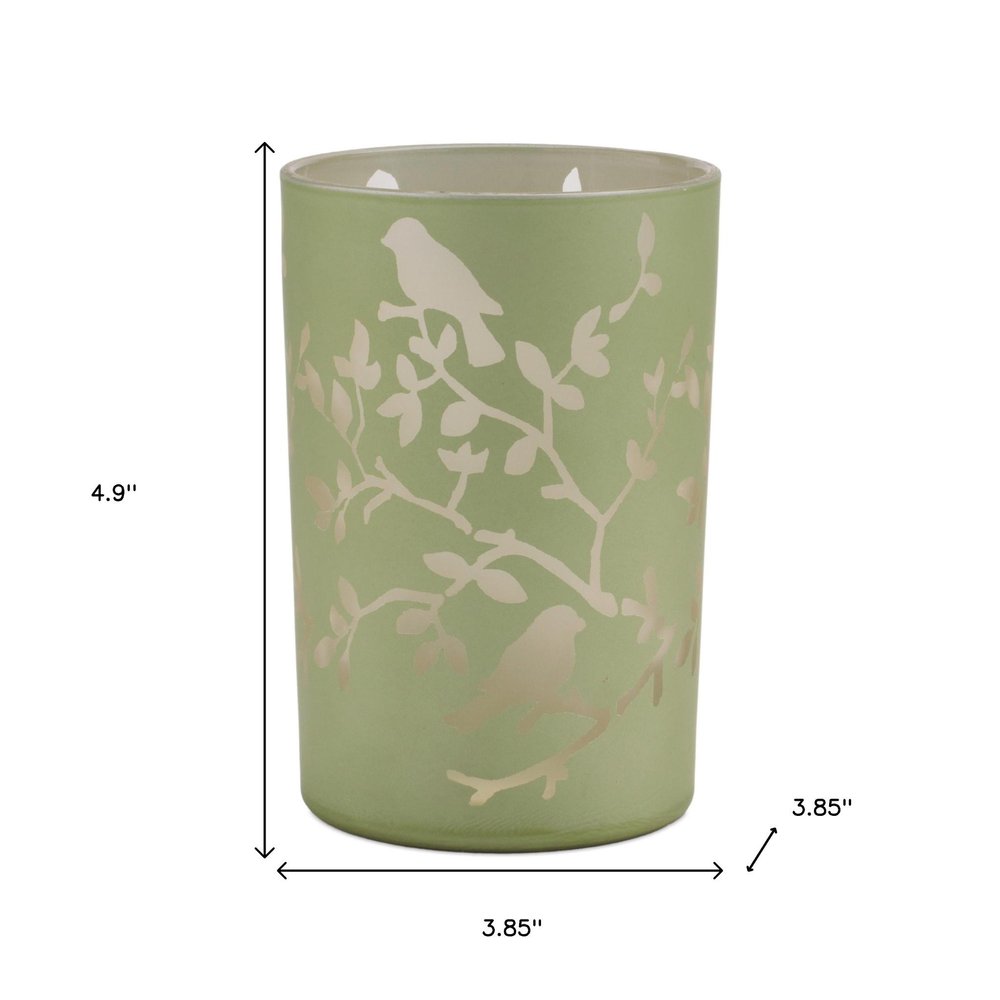 Set of Two Green Floral Glass Tabletop Pillar Candle Holders  Warm Home View