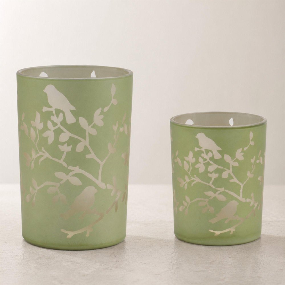 Set of Two Green Floral Glass Tabletop Pillar Candle Holders  Warm Home View