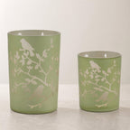 Set of Two Green Floral Glass Tabletop Pillar Candle Holders  Warm Home View