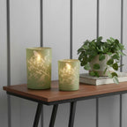 Set of Two Green Floral Glass Tabletop Pillar Candle Holders  Warm Home View