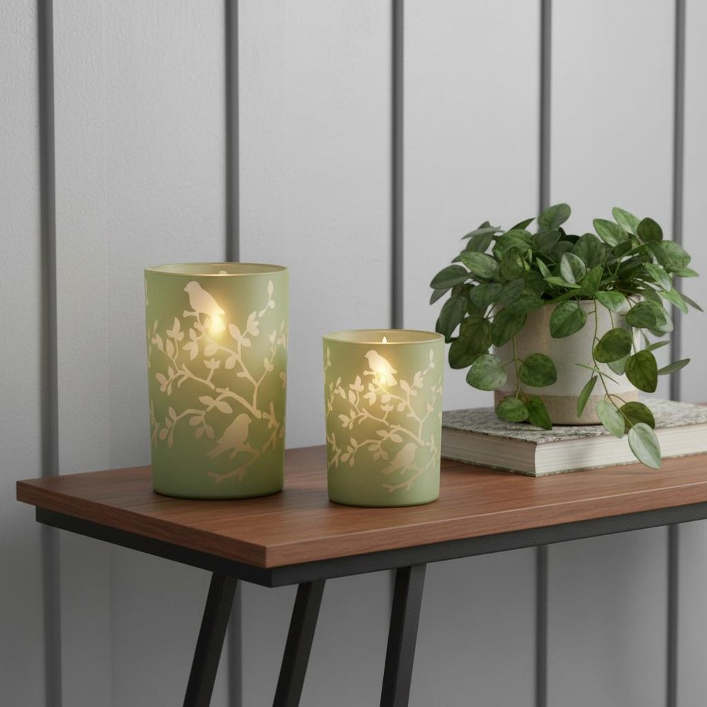 Set of Two Green Floral Glass Tabletop Pillar Candle Holders  Warm Home View