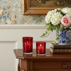 Set of Two Red Snowflake Glass Tabletop Votive Candle Holders  Warm Home View