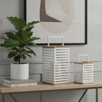 Set of Two White Abstract Metal Tabletop Pillar Candle Holders  Warm Home View
