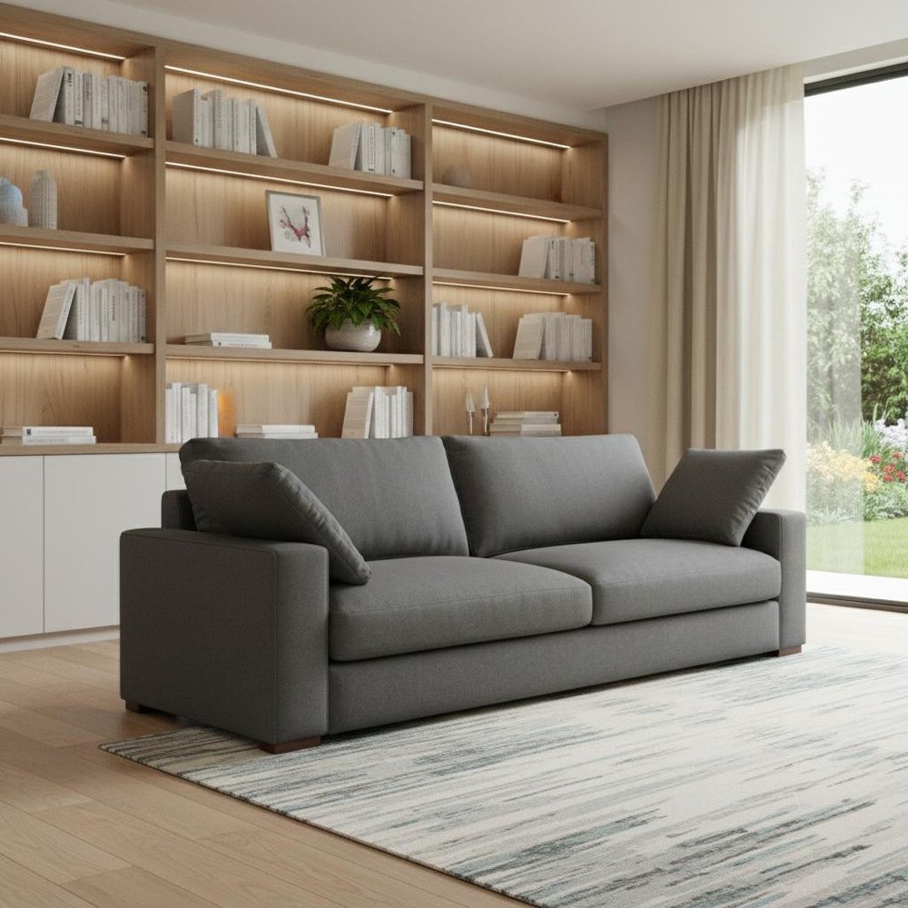 96" Gray Fabric Sofa With Brown Legs  Warm Home View