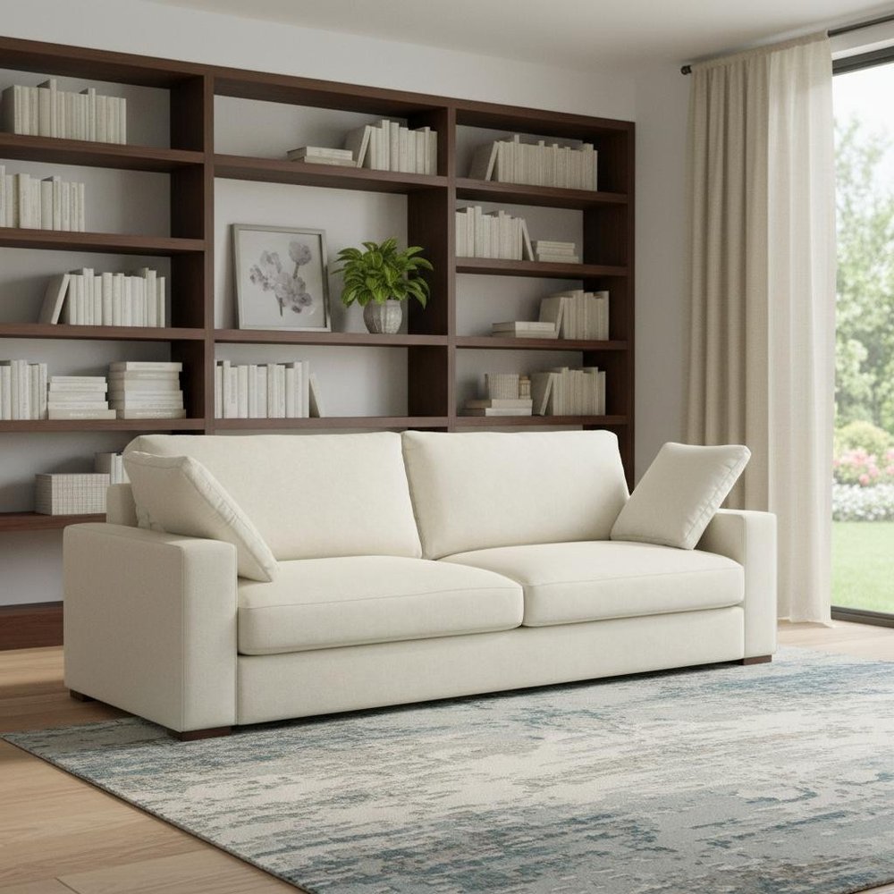 96" Cream Fabric Sofa With Brown Legs  Warm Home View