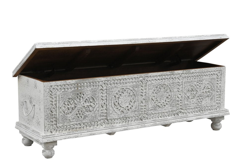 54" White Solid Wood Medallion Storage Ottoman  Warm Home View
