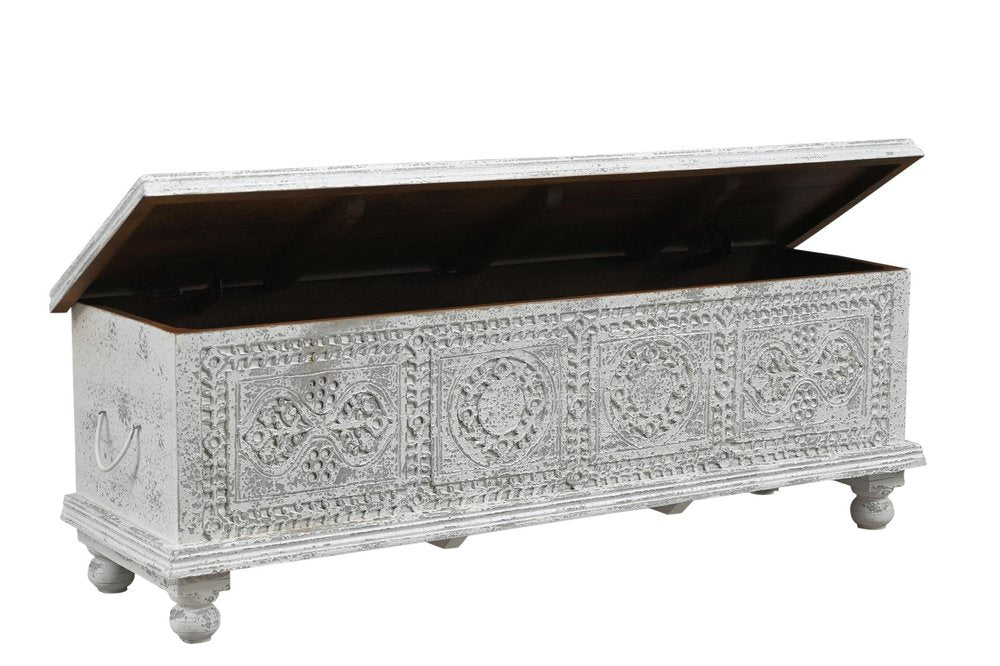 54" White Solid Wood Medallion Ottoman With Storage  Warm Home View