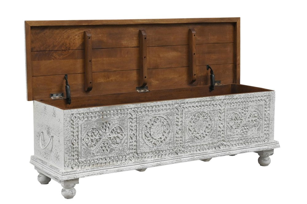 54" White Solid Wood Medallion Ottoman With Storage  Warm Home View