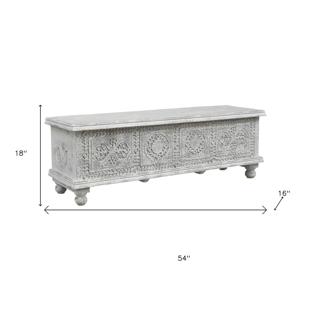 54" White Solid Wood Medallion Ottoman With Storage  Warm Home View