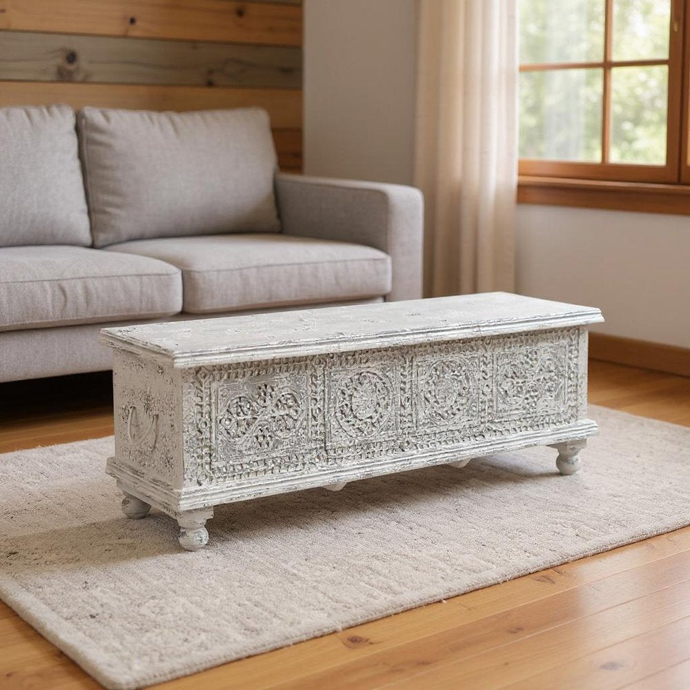 54" White Solid Wood Medallion Ottoman With Storage  Warm Home View