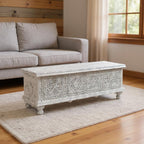 54" White Solid Wood Medallion Ottoman With Storage  Warm Home View