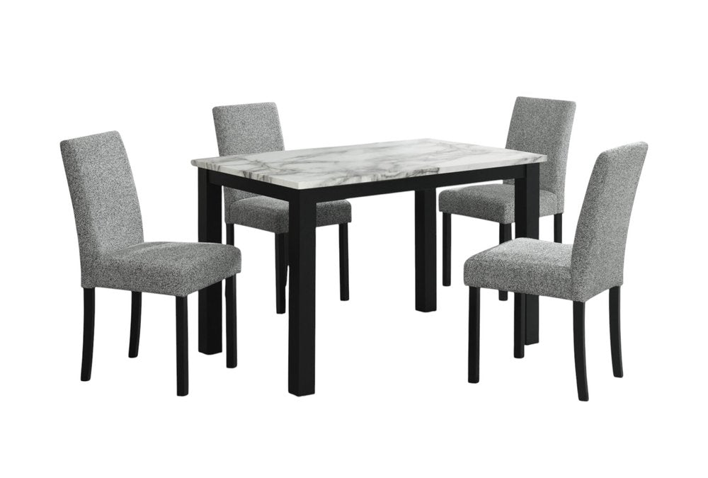 Five Piece White and Black Faux Marble Dining Set with Four Chairs  Warm Home View
