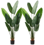 Set of Two 7" Green Artificial Banana Leaf In Cylindrical Black Cement Pot  Warm Home View