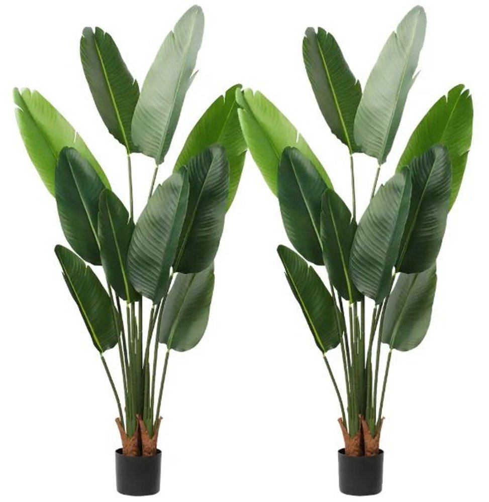 Set of Two 7" Green Artificial Banana Leaf In Cylindrical Black Cement Pot  Warm Home View