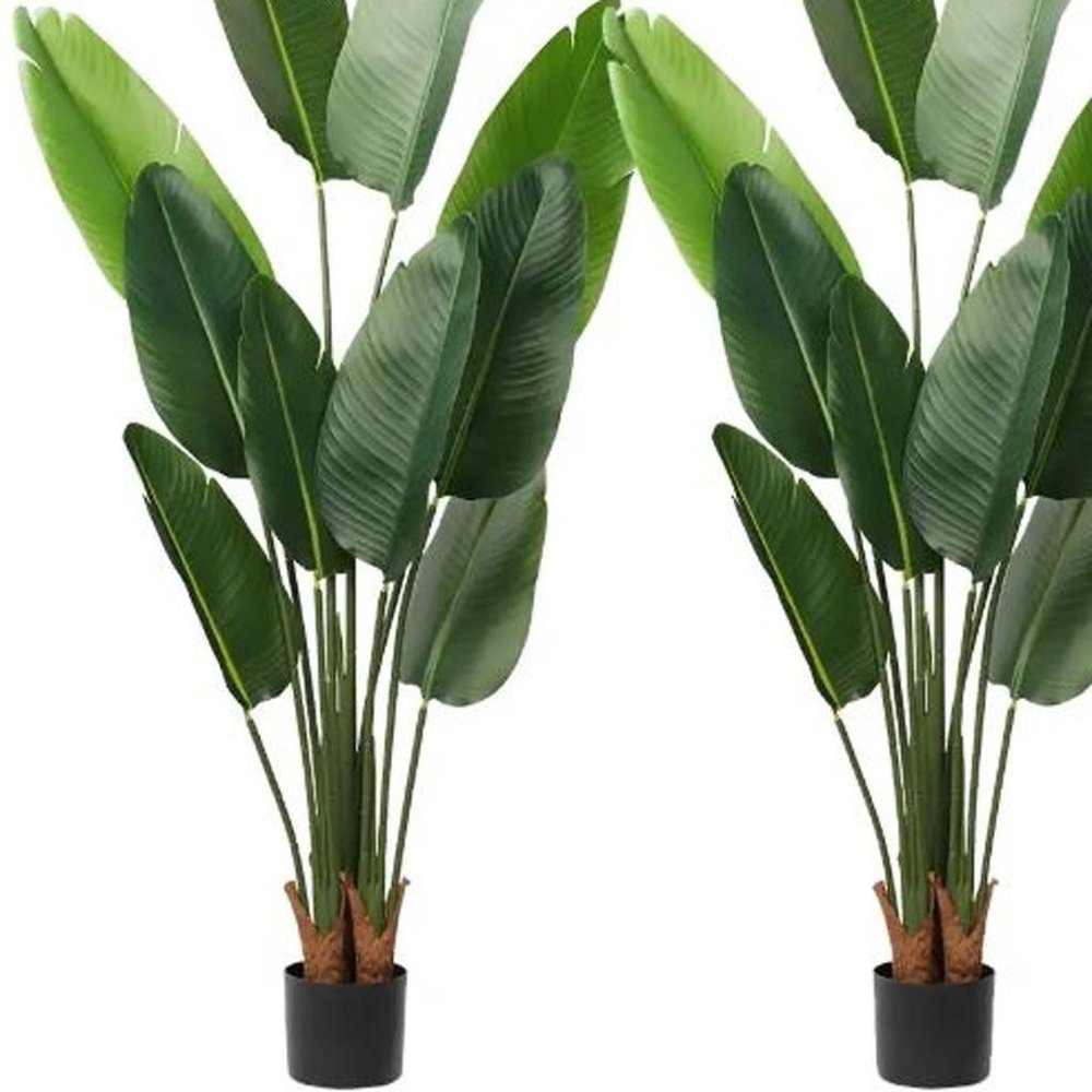 Set of Two 7" Green Artificial Banana Leaf In Cylindrical Black Cement Pot  Warm Home View