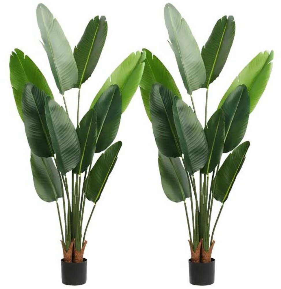 Set of Two 7" Green Artificial Banana Leaf In Cylindrical Black Cement Pot  Warm Home View