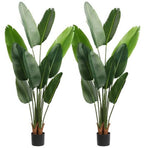 Set of Two 7" Green Artificial Banana Leaf In Cylindrical Black Cement Pot  Warm Home View