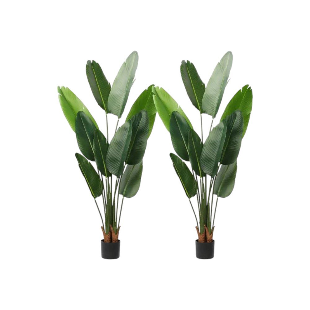 Set of Two 7" Green Artificial Banana Leaf In Cylindrical Black Cement Pot  Warm Home View
