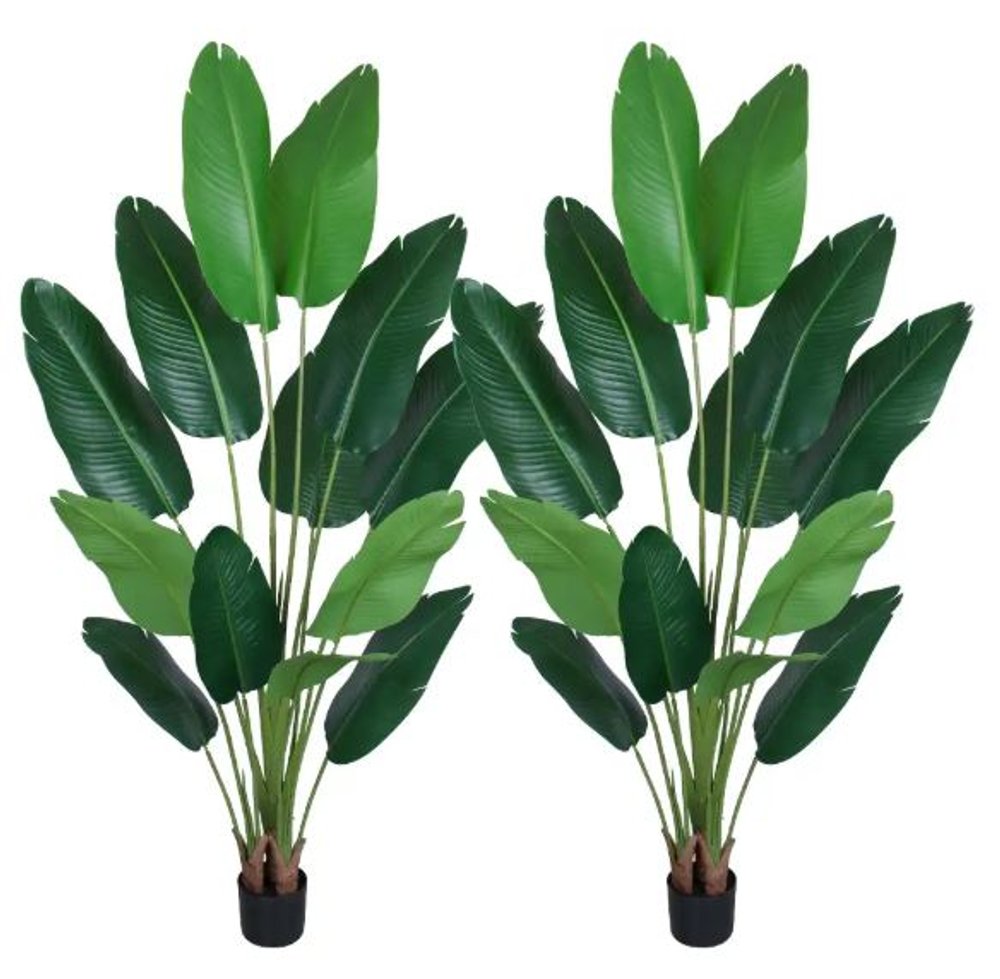 Set of Two 7" Green Artificial Banana Leaf In Cylindrical Black Cement Pot  Warm Home View