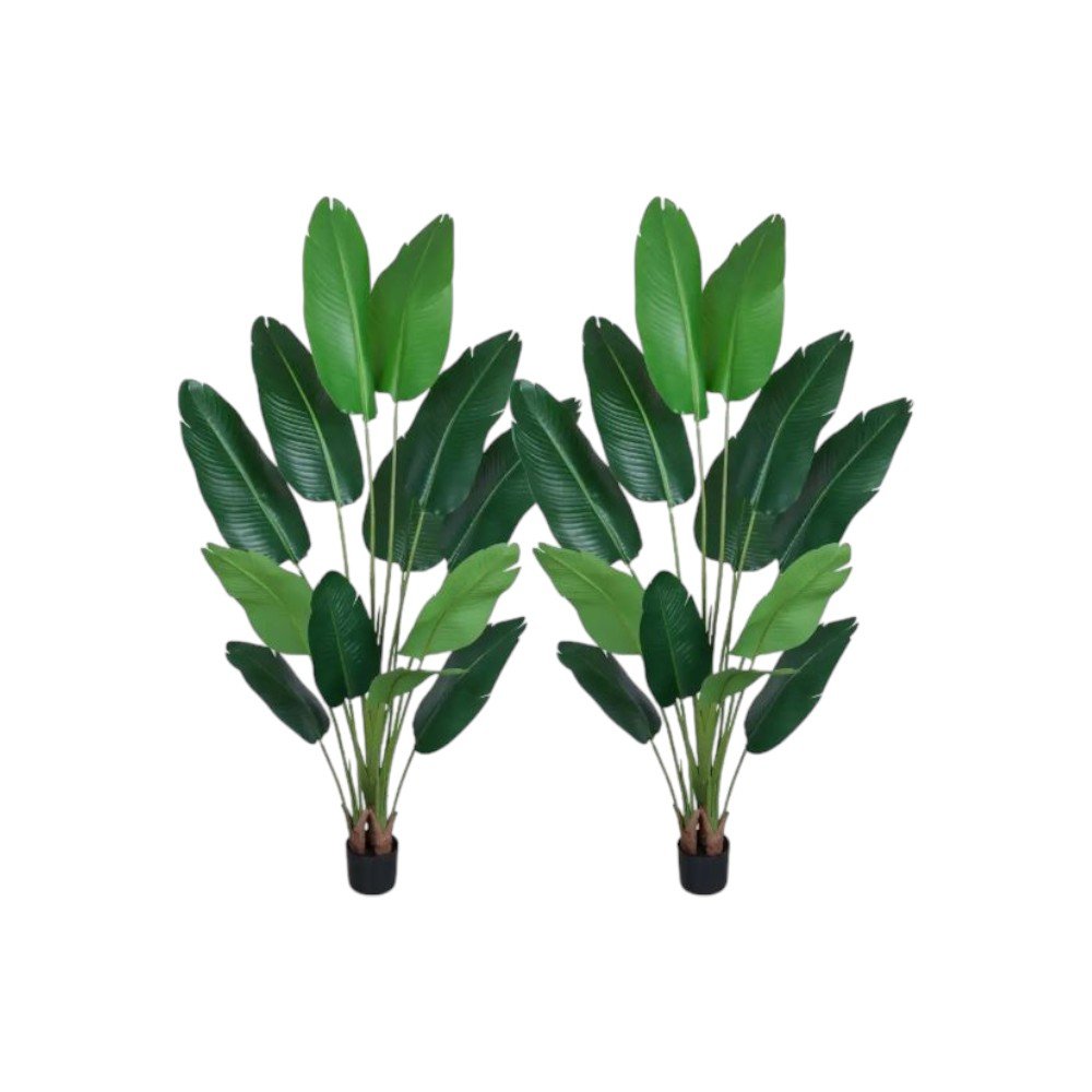 Set of Two 7" Green Artificial Banana Leaf In Cylindrical Black Cement Pot  Warm Home View